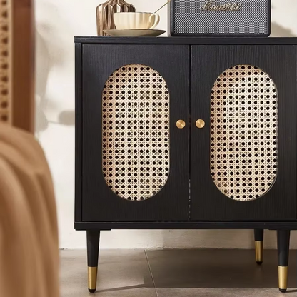 Solid Wood Black Rattan Bedside Cabinet close up view