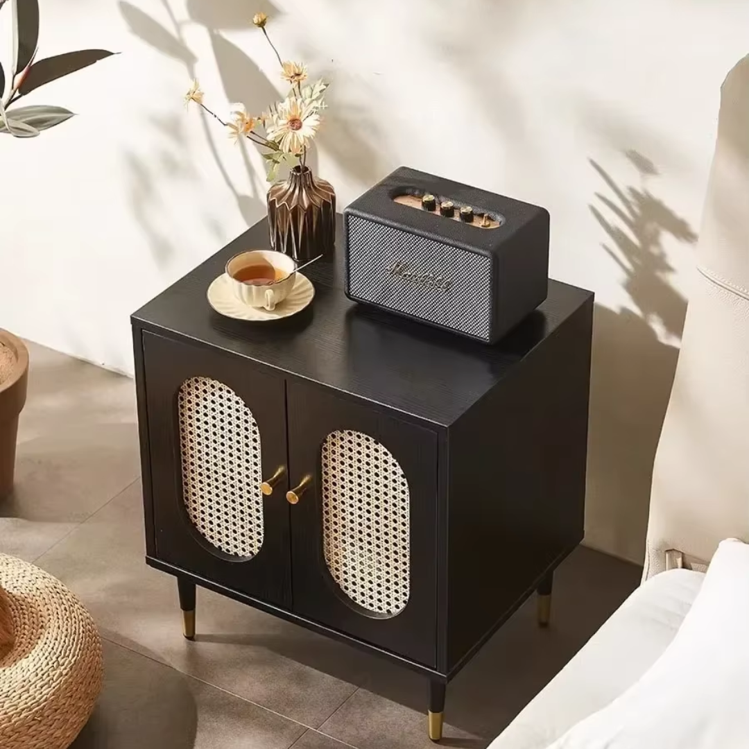 Solid Wood Black Rattan Bedside Cabinet