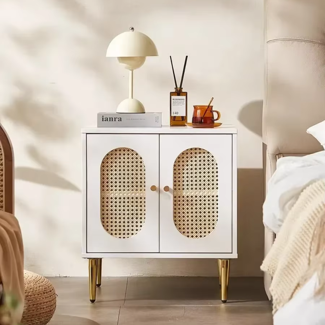 Solid Wood Rattan Bedside Cabinet white variant front view