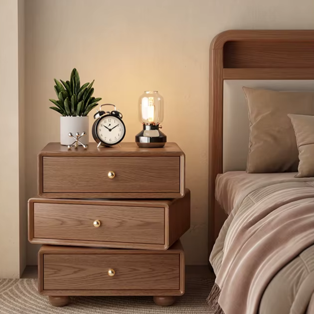 Solid Wood Funky Bedside Table styled in a Scandinavian bedroom