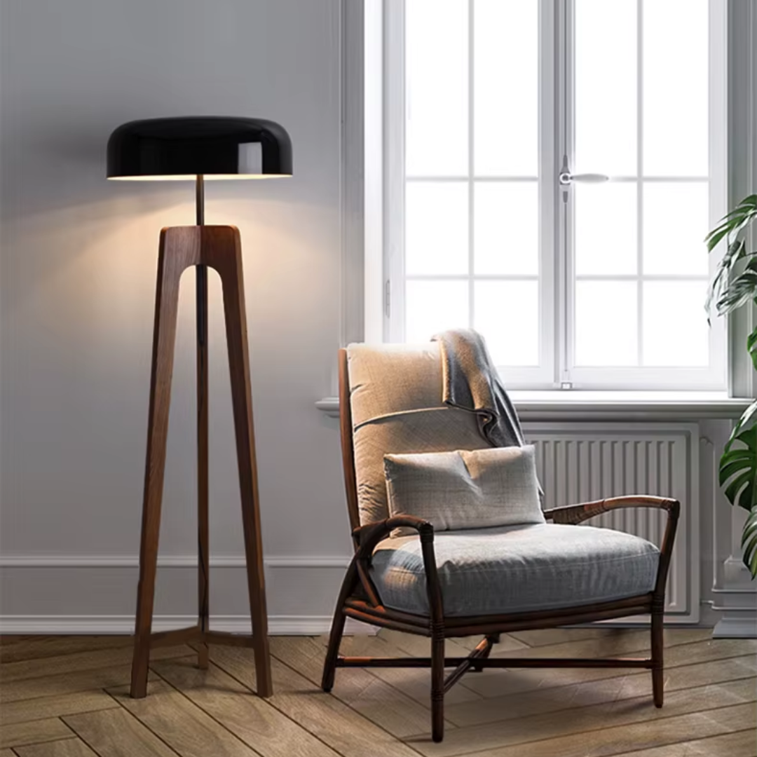 Solid Wood Modern Mid Century Floor Lamp styled next to a accent chair in a modern living room