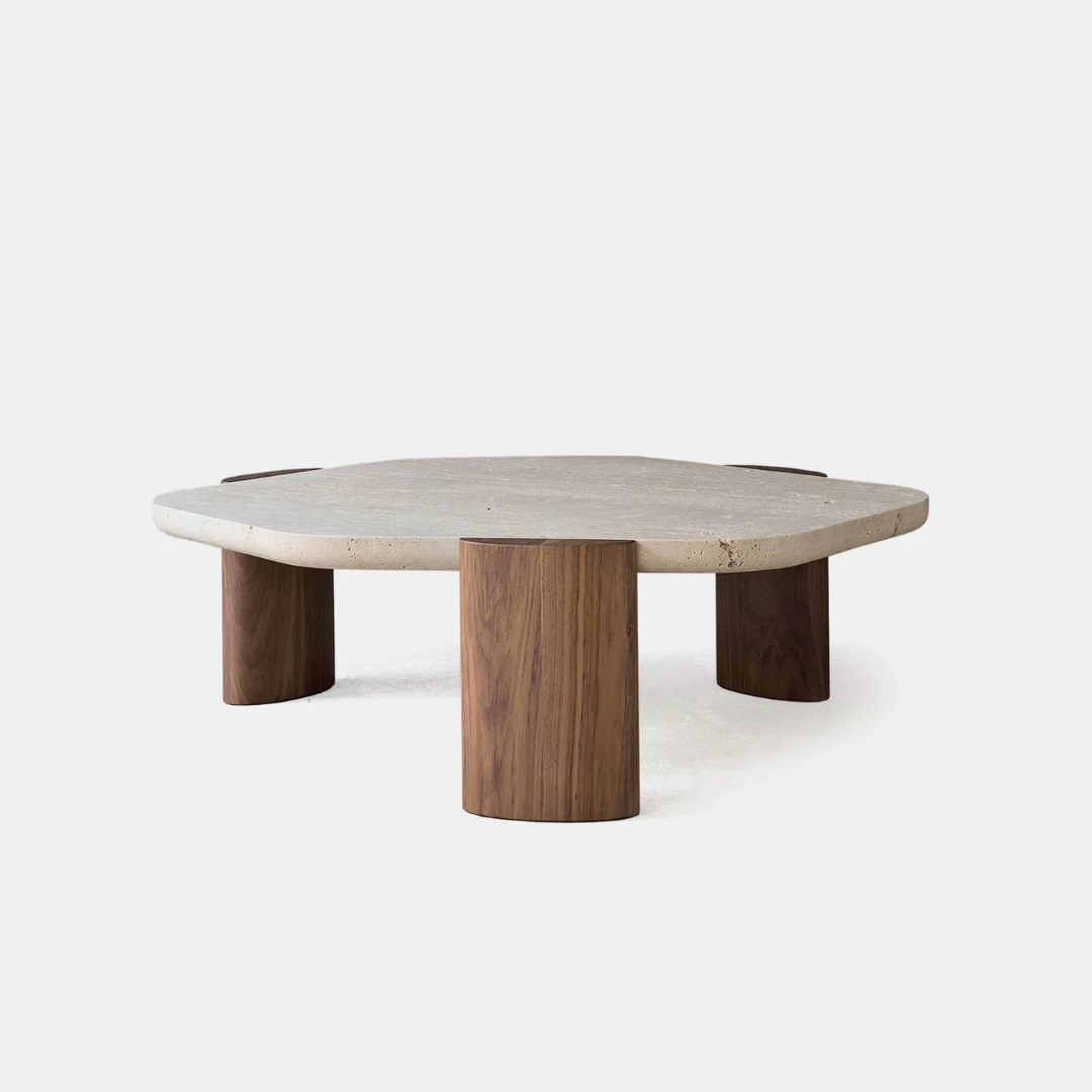 Top view of round polished stone coffee table