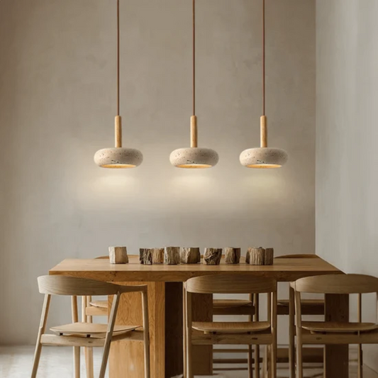 Travertine Stone Hanging Pendant Light styled in a dining room