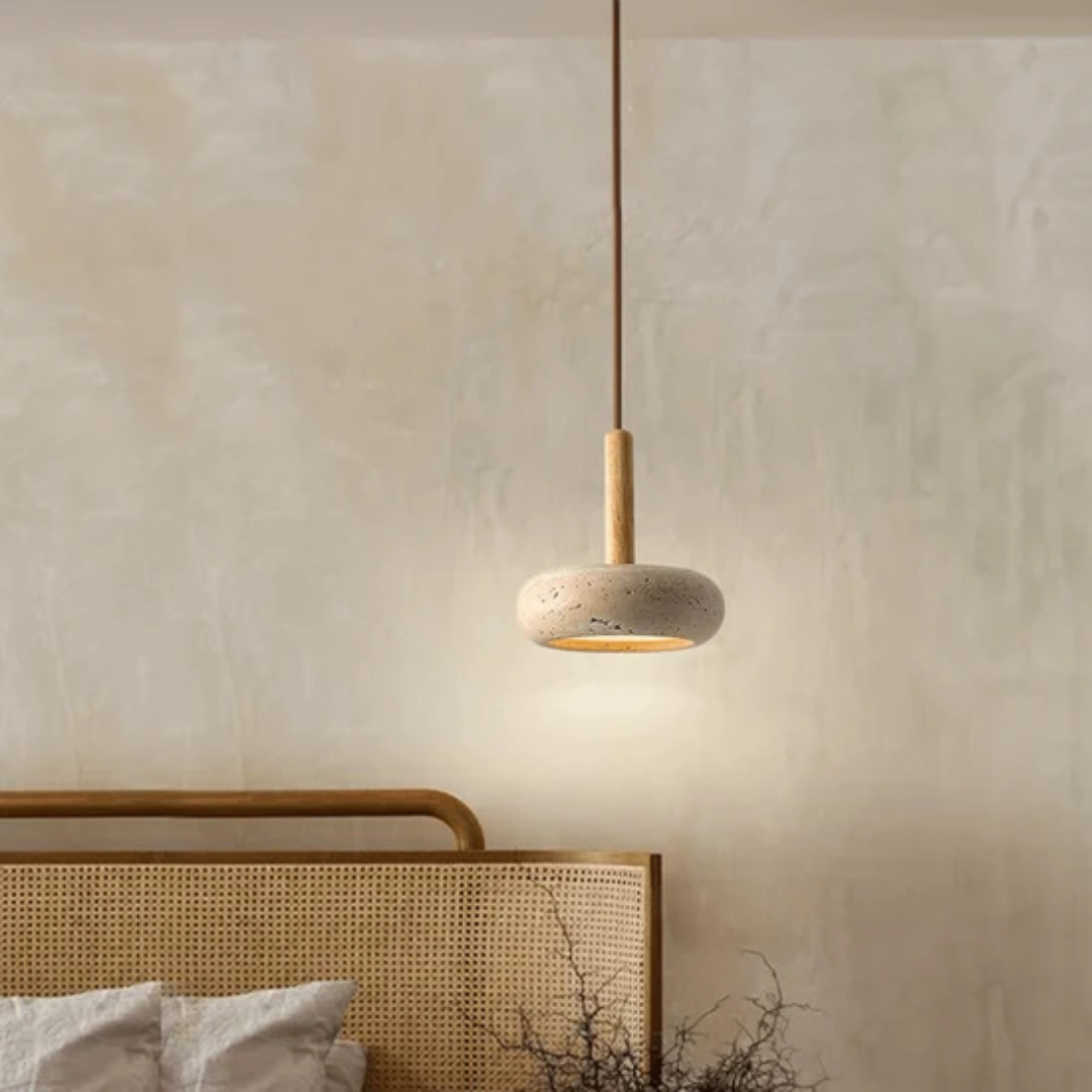 Travertine Stone Hanging Pendant Light positioned in a bedroom