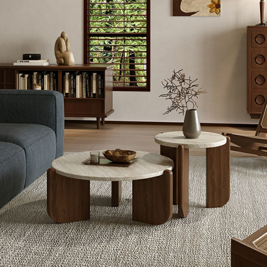 Front view of travertine stone coffee table with wood legs