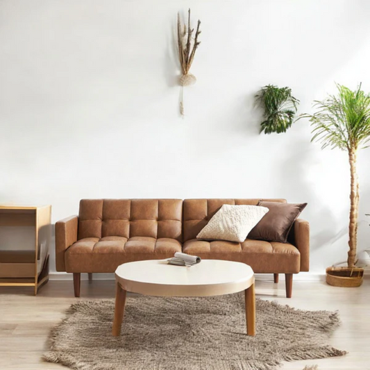 Front view of upholstered brown leather sofa bed