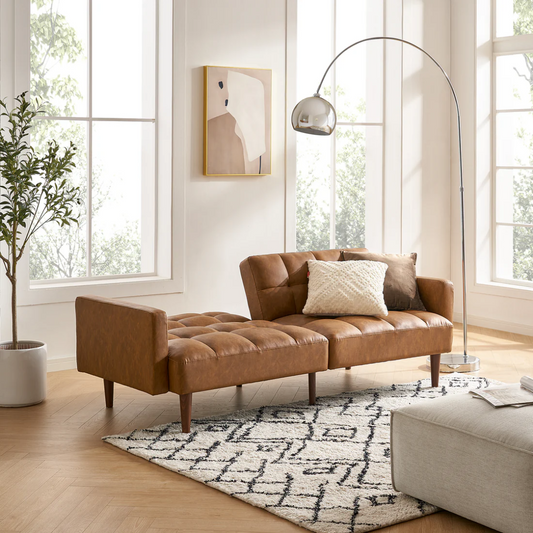 Side view of leather sofa bed in brown