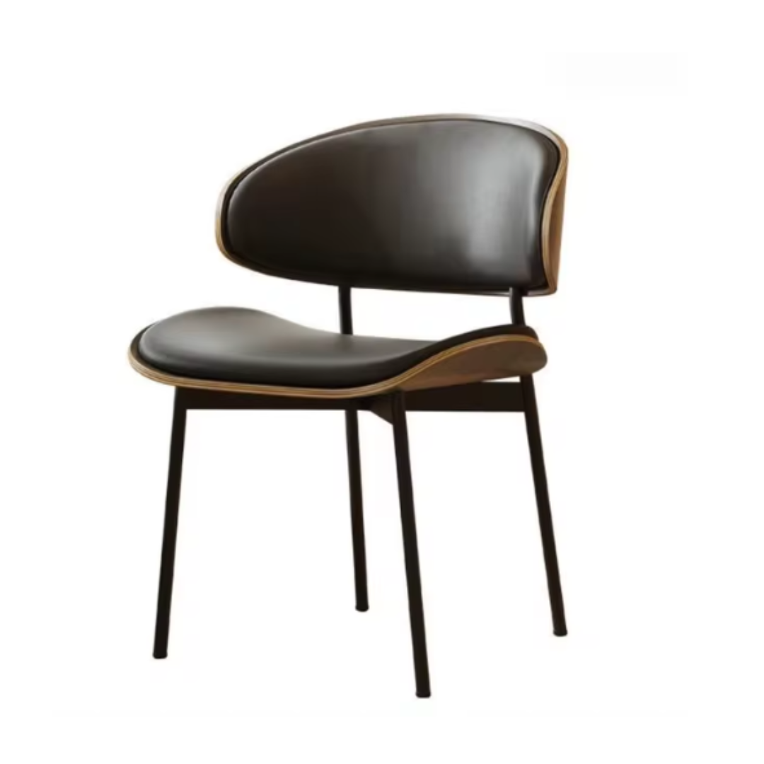 Black leather dining chair with a walnut wood frame