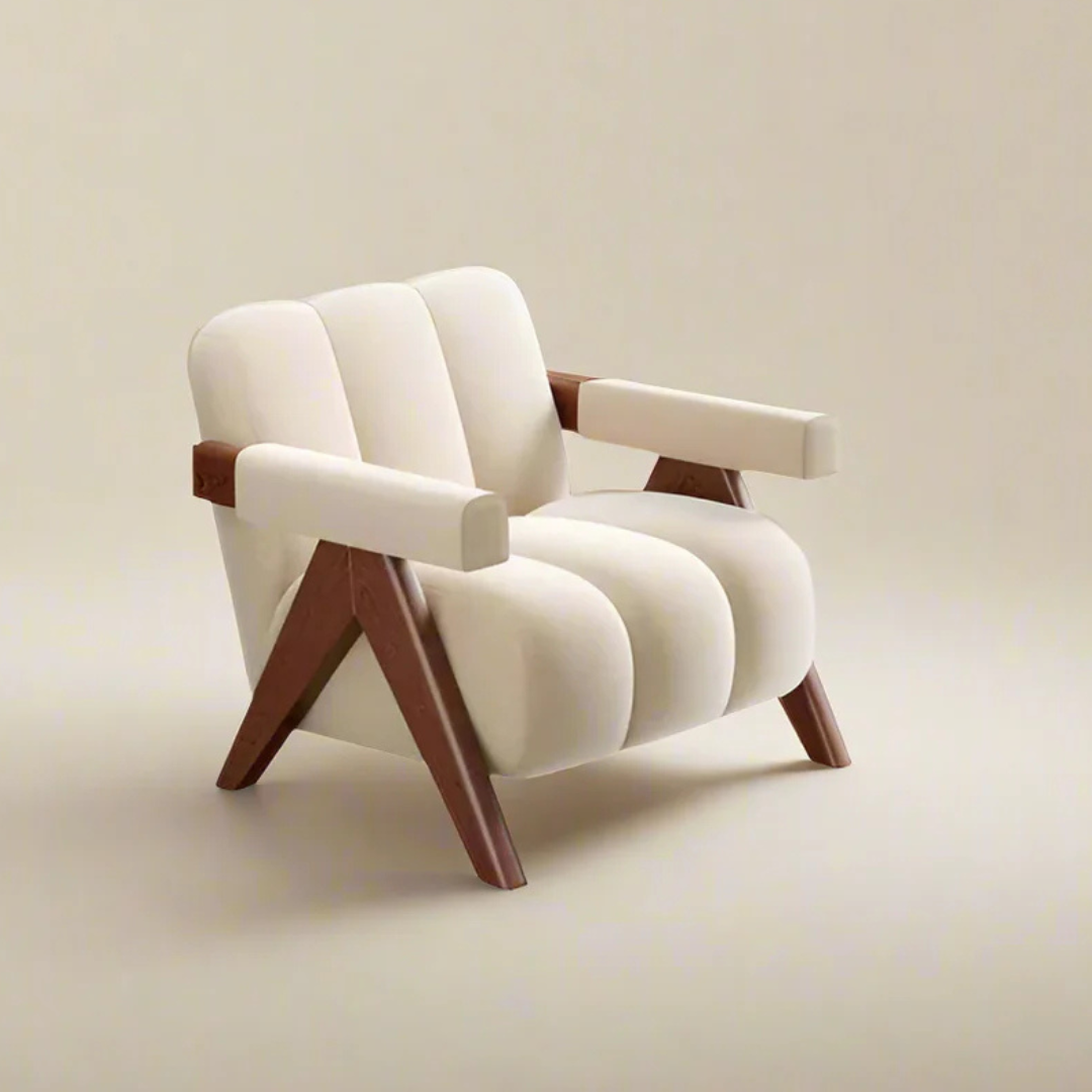 Front view of white boucle wood frame lounge chair