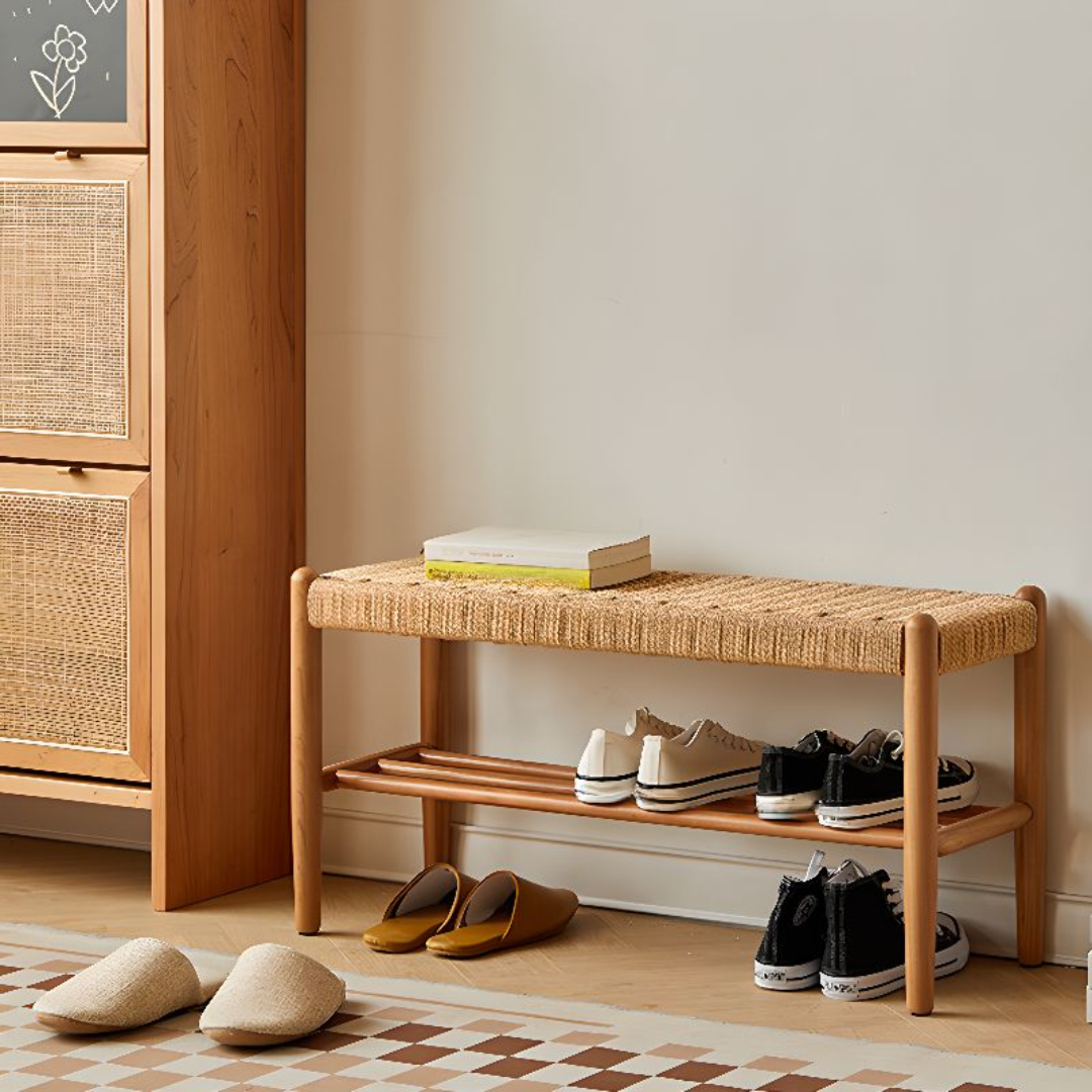 Wicker Shoe Storage Bench styled in a bedroom