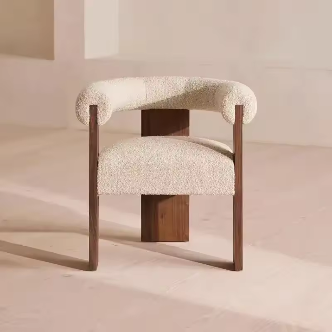 Front view of white boucle dining chair with wooden frame