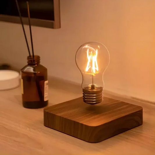 Wood Base Floating Light Bulb Lamp square variant front view