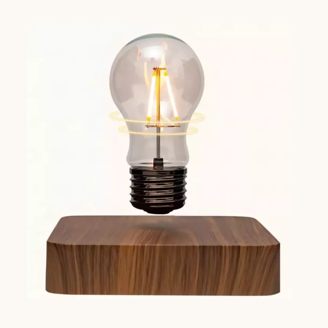 Wood Base Floating Light Bulb Lamp against a white background