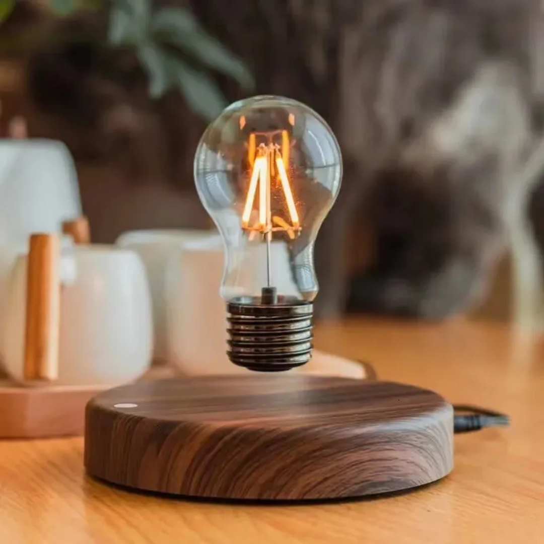 Wood Base Floating Light Bulb Lamp round variant view