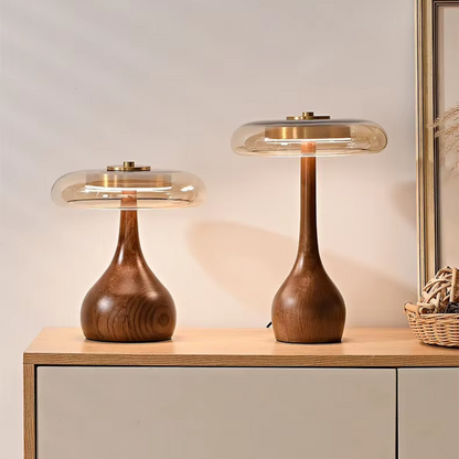 Wood Base Rustic Table Lamp with both variants styled on a bedside table