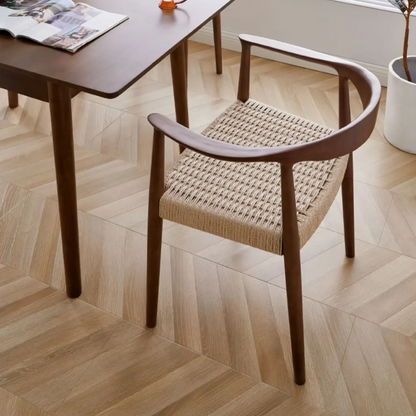 Wooden Woven Rattan Dining Chair at a dining table