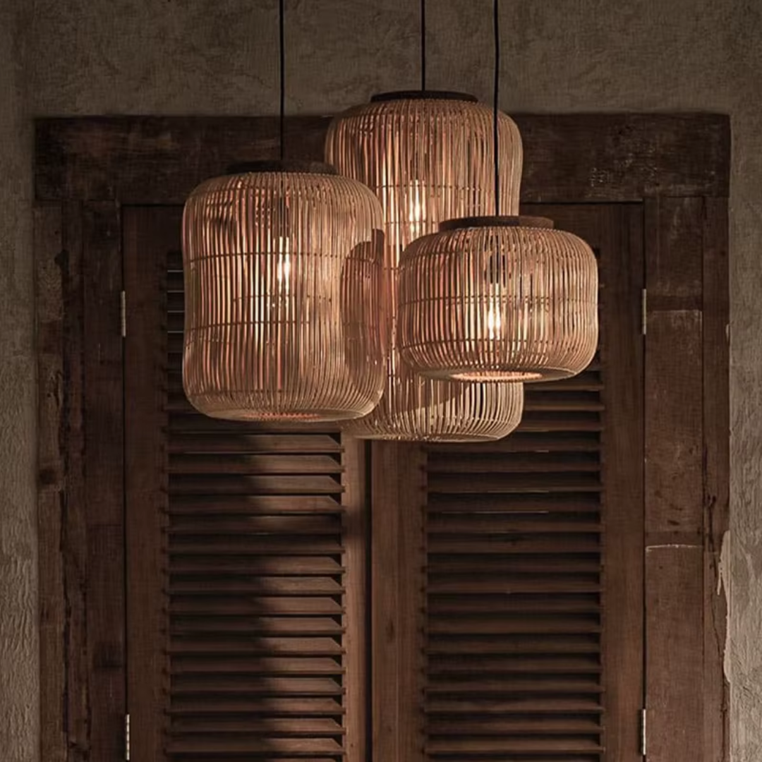 Woven Barrel Hanging Pendant Lights brown variant positioned in a farmhouse interior kitchen