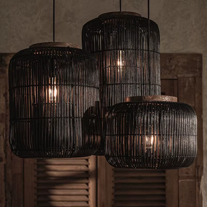 Woven Barrel Hanging Pendant Lights black variant positioned in a farmhouse interior kitchen