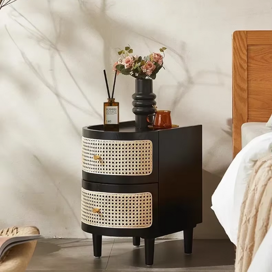 Black Rattan Double Drawer Bedside Table