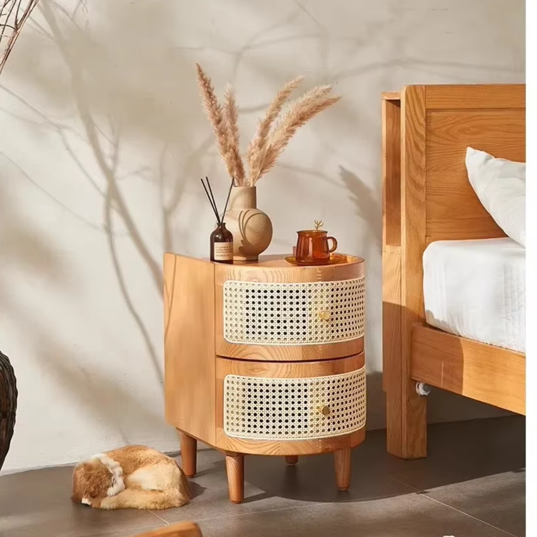 Black Rattan Double Drawer Bedside Table