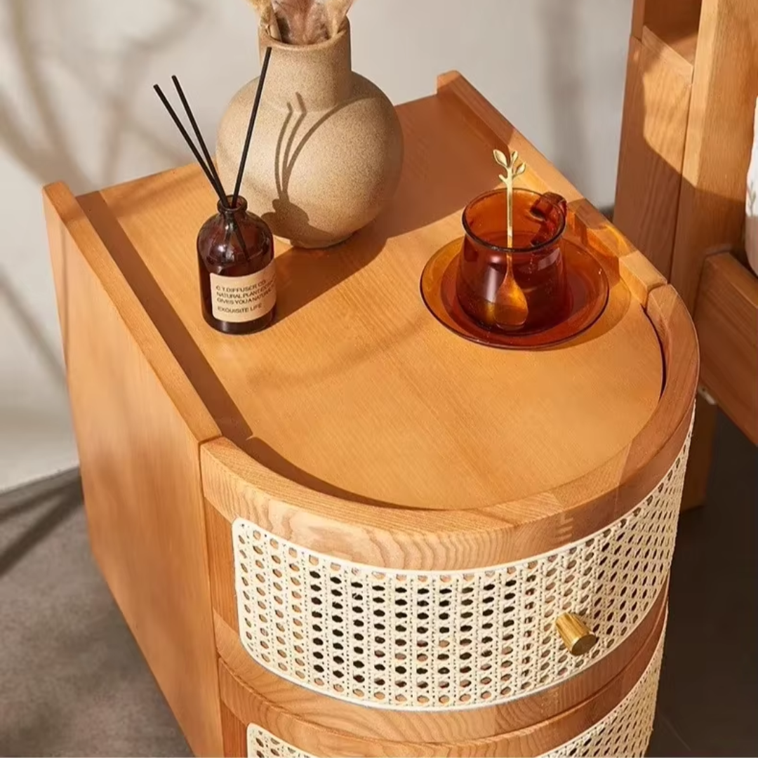 Black Rattan Double Drawer Bedside Table