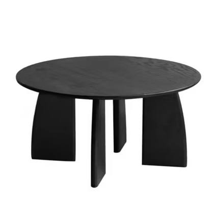 Black wooden irregular coffee table with decorative accents