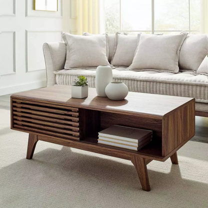 brown coffee table with storage styled in a living room