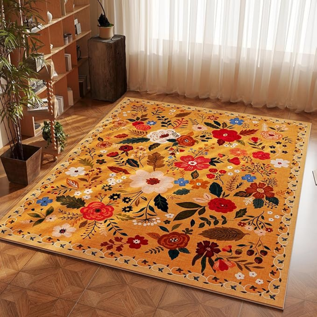 Mid-Century Mustard Yellow Floral Rug large variant