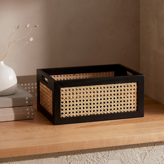 Black Wood  Rattan Storage Baskets