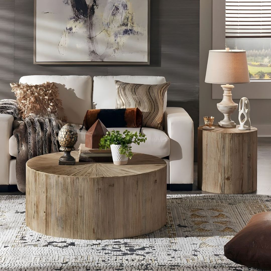 Top view of round coffee table made from reclaimed wood