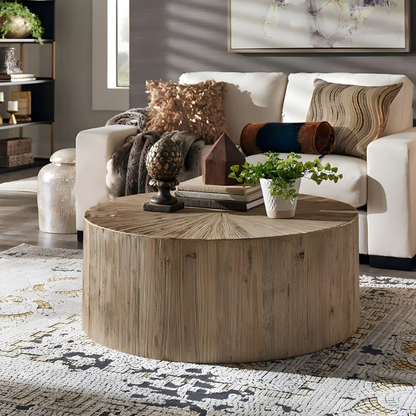 Close-up of reclaimed wood grain on coffee table