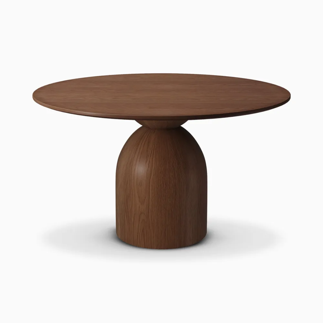 Round Dark Wood Dining Room Table tabletop view against a  white background