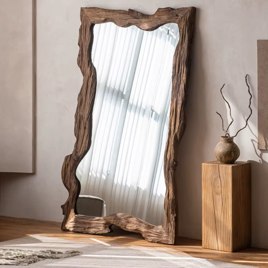 Front view of rustic chunky wooden full-length mirror