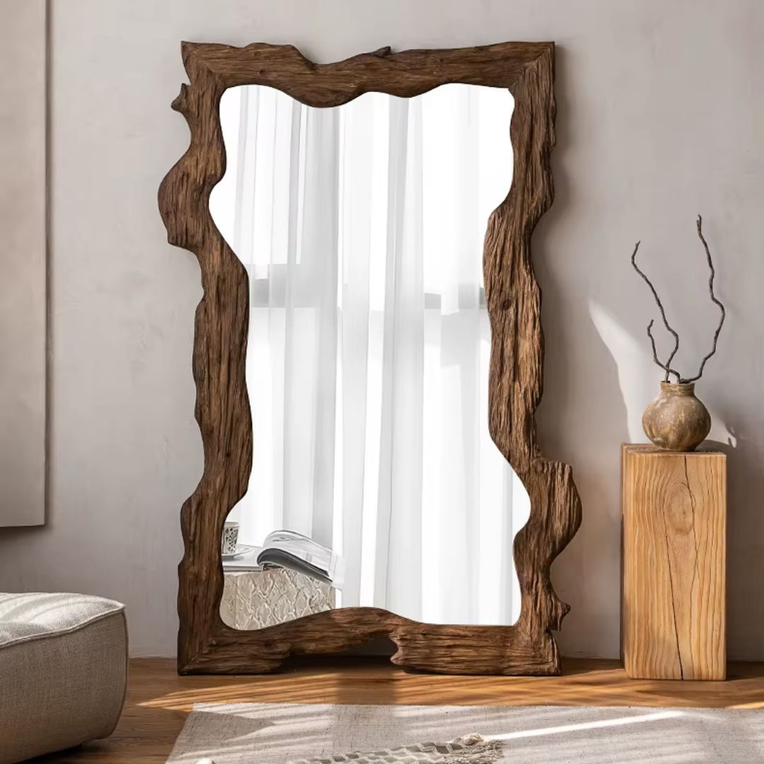 Full-length mirror with thick wooden frame