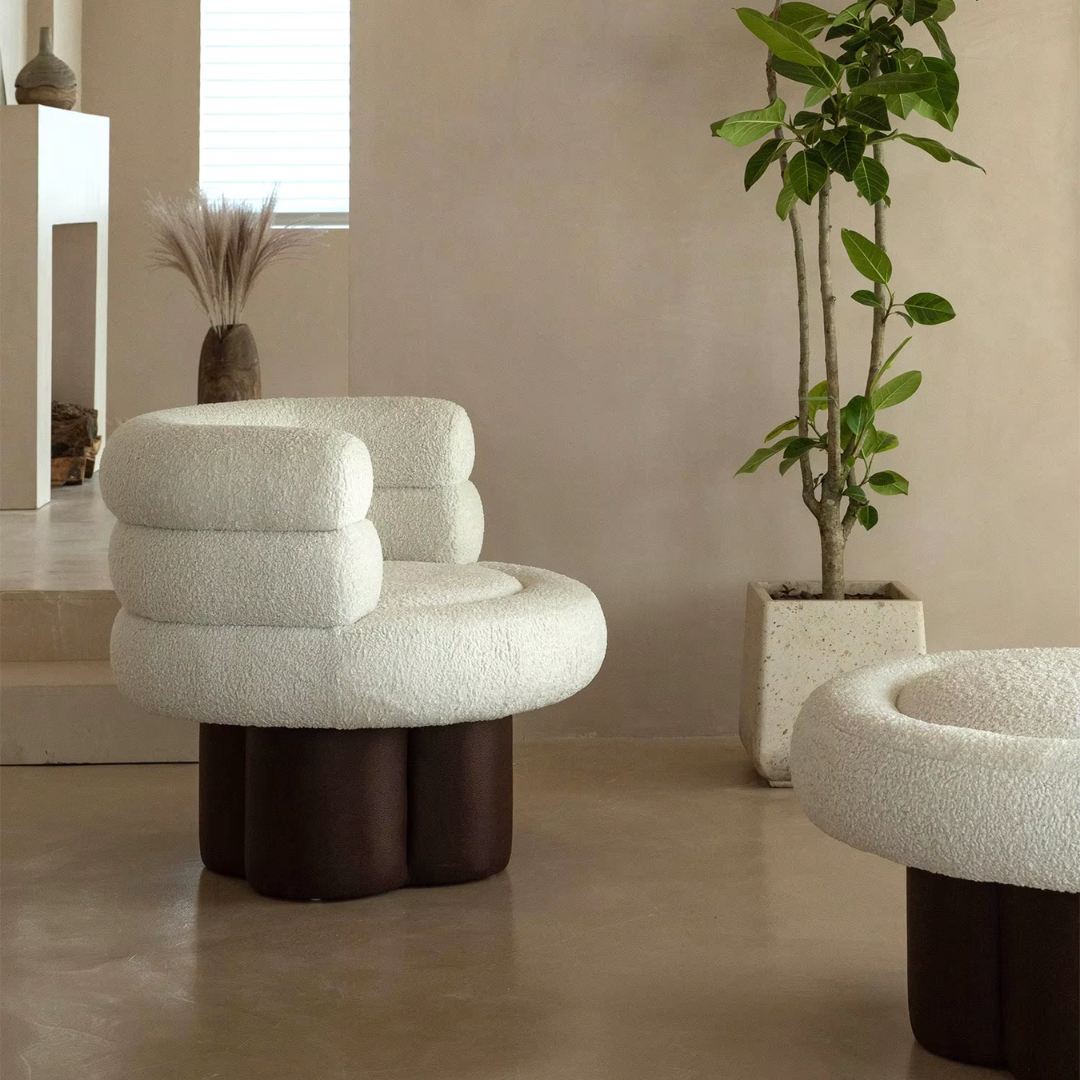 Modern accent barrel chair with white upholstery