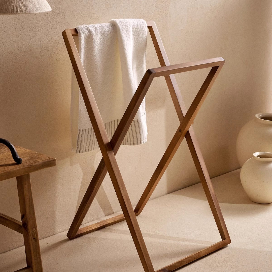 wooden free standing towel rail Front view